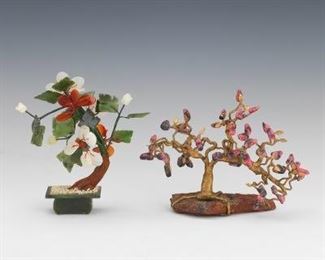 Two Japanese Art Glass Dogwood and Sakura Bonsai Trees in Porcelain Planters 