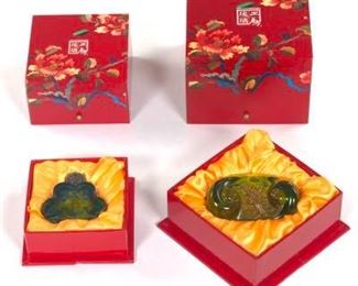 Two Liuligongfnag Art Glass Sculptures, by Loretta Huishan Yuang, Presentation Boxes 