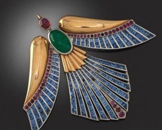 TwoTone Gold, 8 ct Emerald, Blue Sapphire and Ruby Exotic Bird Pin Brooch 