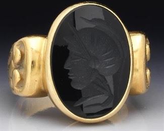 Vahe Naltchayan Byzantine Revival Gold and Carved Intaglio Black Onyx Ring 