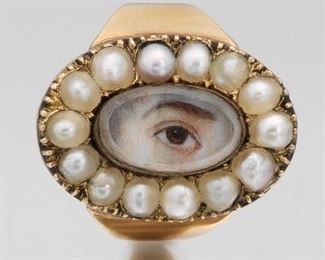 Victorian Lovers Eye Miniature Painting and Pearl Ring 