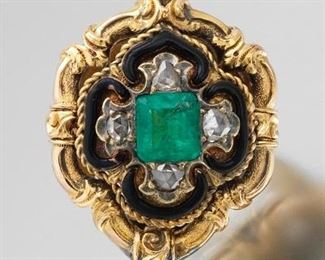 Victorian Colombian Emerald, Diamond and Enamel Ring, GIA Report 