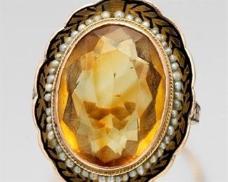 Victorian Gold, Citrine, Pearl and Enamel Ring 