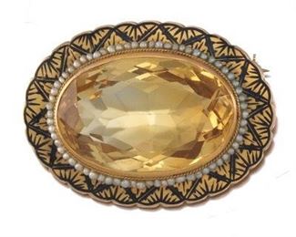 Victorian Gold, Citrine, Seed Pearl and Enamel Brooch 