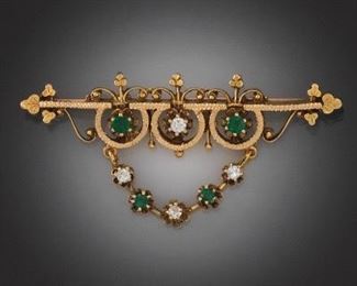 Victorian Style Gold, Emerald and Diamond Brooch 
