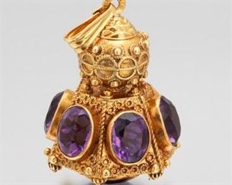 Victorian Large 18K Italian Gold and Amethyst Hexagonal Fob