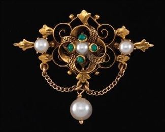 Victorian Style Gold, Pearl, and Turquoise Brooch 
