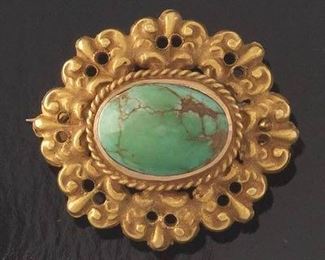 Victorian Style Turquoise and Gold Brooch 