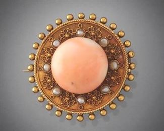 Vintage Etruscan Style Coral and Pearl Brooch 