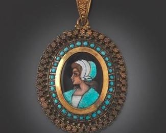 Vintage French Enamel, Turquoise and Gold Pendant