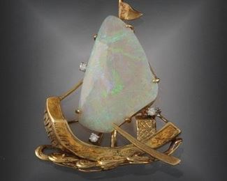 Vintage Gold and Large Carved Opal Viking Ship Pin Brooch 