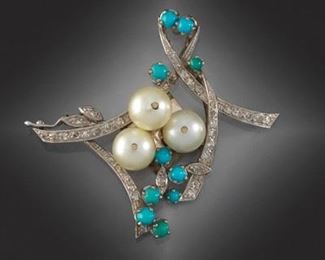 Vintage Gold, Diamond, Pearl and Turquoise Clasp 