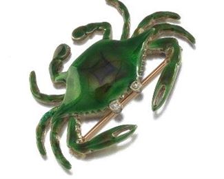 Vintage Gold, Enamel and Diamond Crab Pin Brooch 