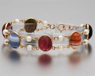 Vintage Hardstone Scarab and Pearl Bracelet 