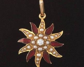 Vintage Starburst Gold, Enamel, Pearl and Diamond Pendant 