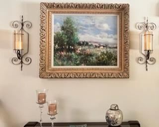 Wall sconces, Brookeville speckled glass with candles