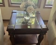 Side table, carved, dark finish, beveled glass top
