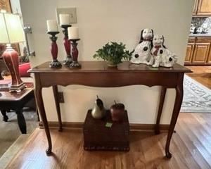 Side table, candles/holders, small decorative chest, pear ceramics, dogs not for sale, sorry! Table dimensions are 45"1/2"W x 14-1/2"D x 30"H