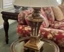 Lamp, round glass top woven bamboo detail table 23" dia x 22-1/2H