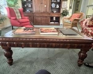 Coffee table, bamboo wicker design pattern under beveled glass 49-1/2"L x 28:D x 20"H