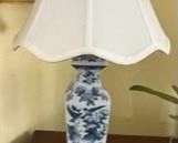 Blue and white ceramic base lamp and brass, shade included