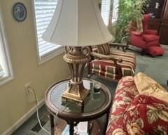 Lamps, round side table with bamboo weave design under beveled glass and on bottom round shelf