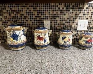 Pamela Gladding Tuscan themed ceramic canister set. Matching bowl also for sale. 