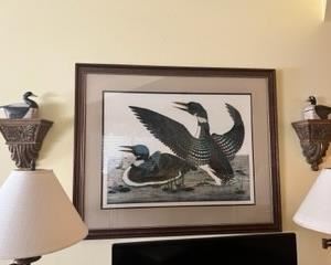 Signed lithograph, duck sconces