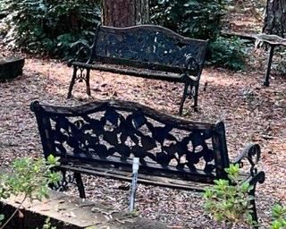 Outdoor wrought iron and wood benches
