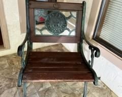 Wrought iron and oak outdoor chair