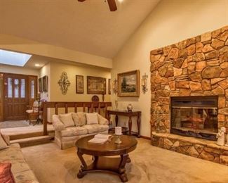 Delicate creamy floral design sofa and loveseat, side tables, coffee tables