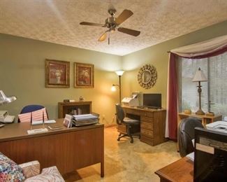 3 desks and office chairs. Window treatments also for sale (owner taking custom rods, though - sorry) Nearest desk in right corner is a hutch desk -54"W 23"D x 57"H. Far desk is 3 drawers on each side, 54"W x 24"D x 29-3/4"H. L-shaped desk on left (L is lower than longer piece) is 60"W x 28"H. @ leather office chairs for sale also.