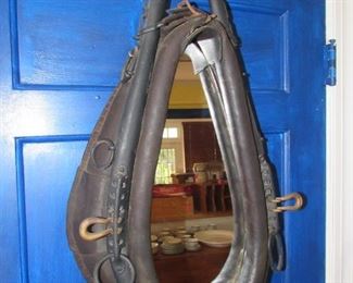 Farmhouse style leather & brass ox harness mirror