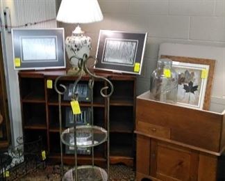 MCM (Mi-Century Modern) book shelf, primitive dry sink, metal/glass display stand, Herb Jones framed color prints.