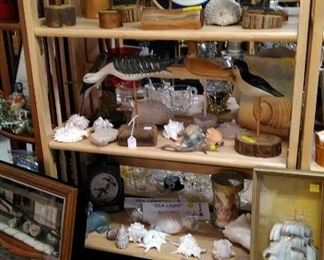 Decoy shore birds (some are artist signed), sea shells, etc.