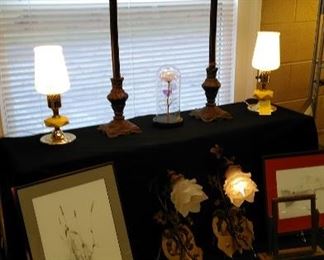 Buffet lamps, MCM dresser lamps, vintage wall sconces, framed art work.