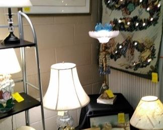 Framed Herb Jones winter print, table lamps, hanging lighted Christmas tapestry.