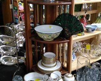 Silver plate pitcher, china table setting, etc.