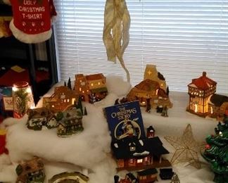 Lighted Dickens village items.