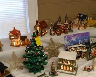 More lighted Dickens village items, ceramic lighted Christmas tree.