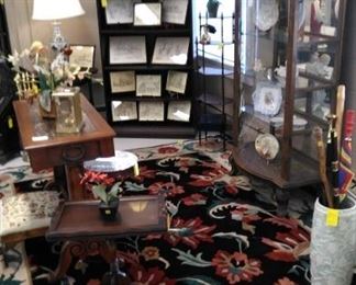 Beautiful, colorful area rug, bookcase, lighted curio cabinet (side entry).