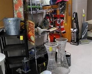 Mission style bookshelf, metal wicker style plant stands, garden accessories, etc.