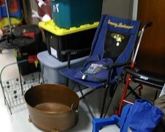 Storage containers Tommy Bahama folding chair, oval metal container, etc.