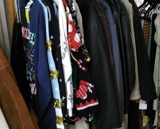 Ugly Christmas sweaters and men's winter coats.
