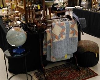 Twin comforters, area rug, world globe, metal/mirror side table, beautiful foot stool