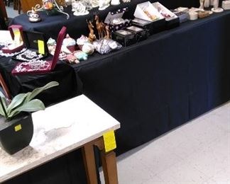 Vintage ornaments, Snow Babies, Radko ornaments, Marilyn Monroe ornaments, Shiny Brite ornaments, marble top side table