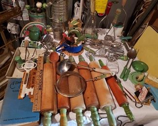 Vtg. Kitchen Utensils with Green Handles