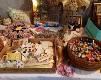 Buttons,threads on wood spools(Not used), Quilted Stars and Squares & Glass Crystals