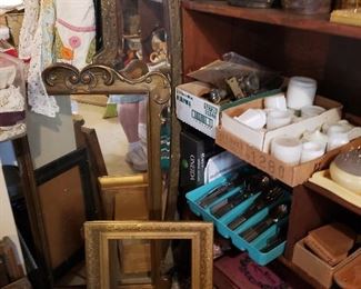 Several Antique Mirrors , ornate frames,antique Hardware,couple sets of flatware and milk glass containers