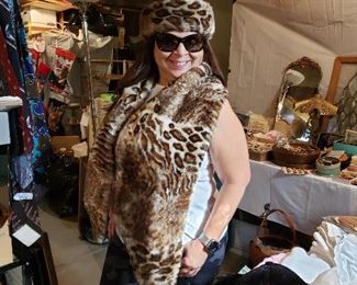  Vtg. Oscar de la Renta-Millinery-Animal Print Faux Hat and Scarf Set